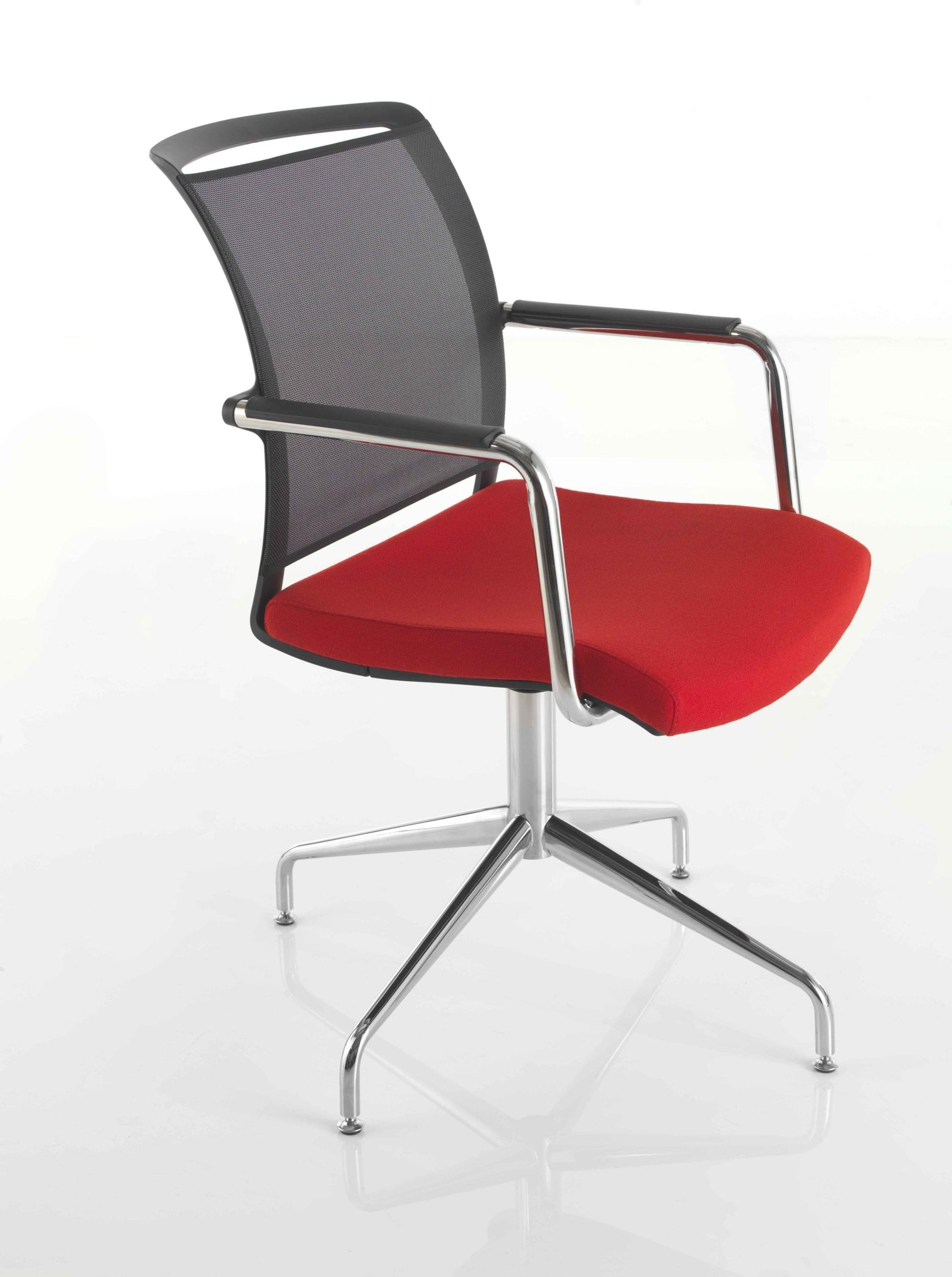 Red chair with mesh back.