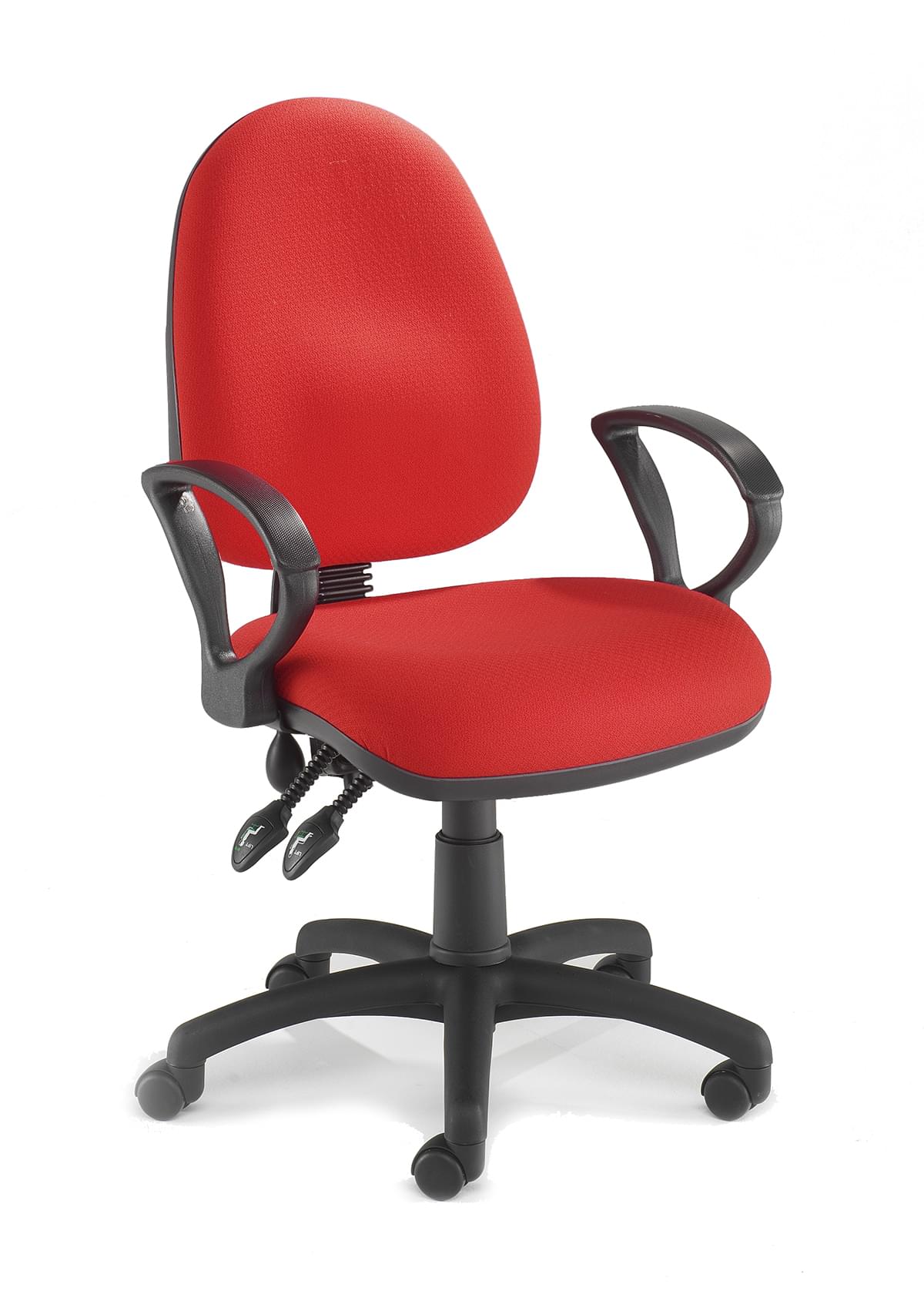 Red office chair with wheels.